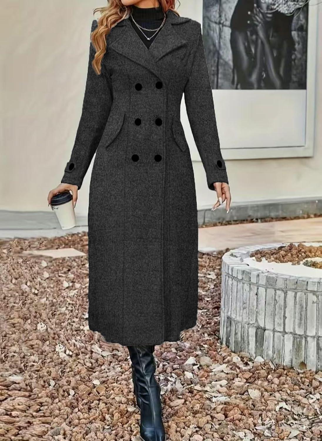imagechouyatou Womens Winter Double Breasted Wool Coat Business Casual Long Sleeve Midi Long Winter Pea CoatDark Grey