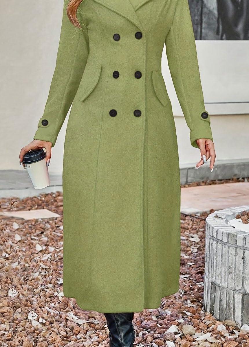 imagechouyatou Womens Winter Double Breasted Wool Coat Business Casual Long Sleeve Midi Long Winter Pea CoatGreen