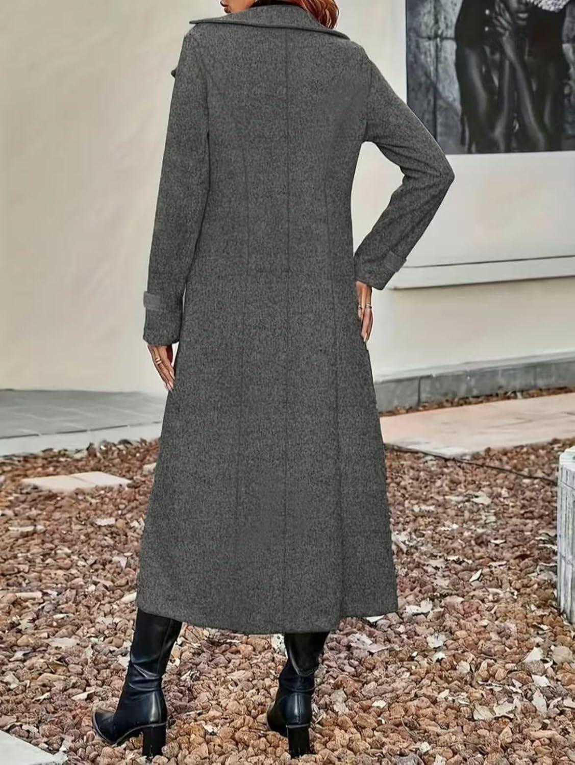 imagechouyatou Womens Winter Double Breasted Wool Coat Business Casual Long Sleeve Midi Long Winter Pea CoatGrey
