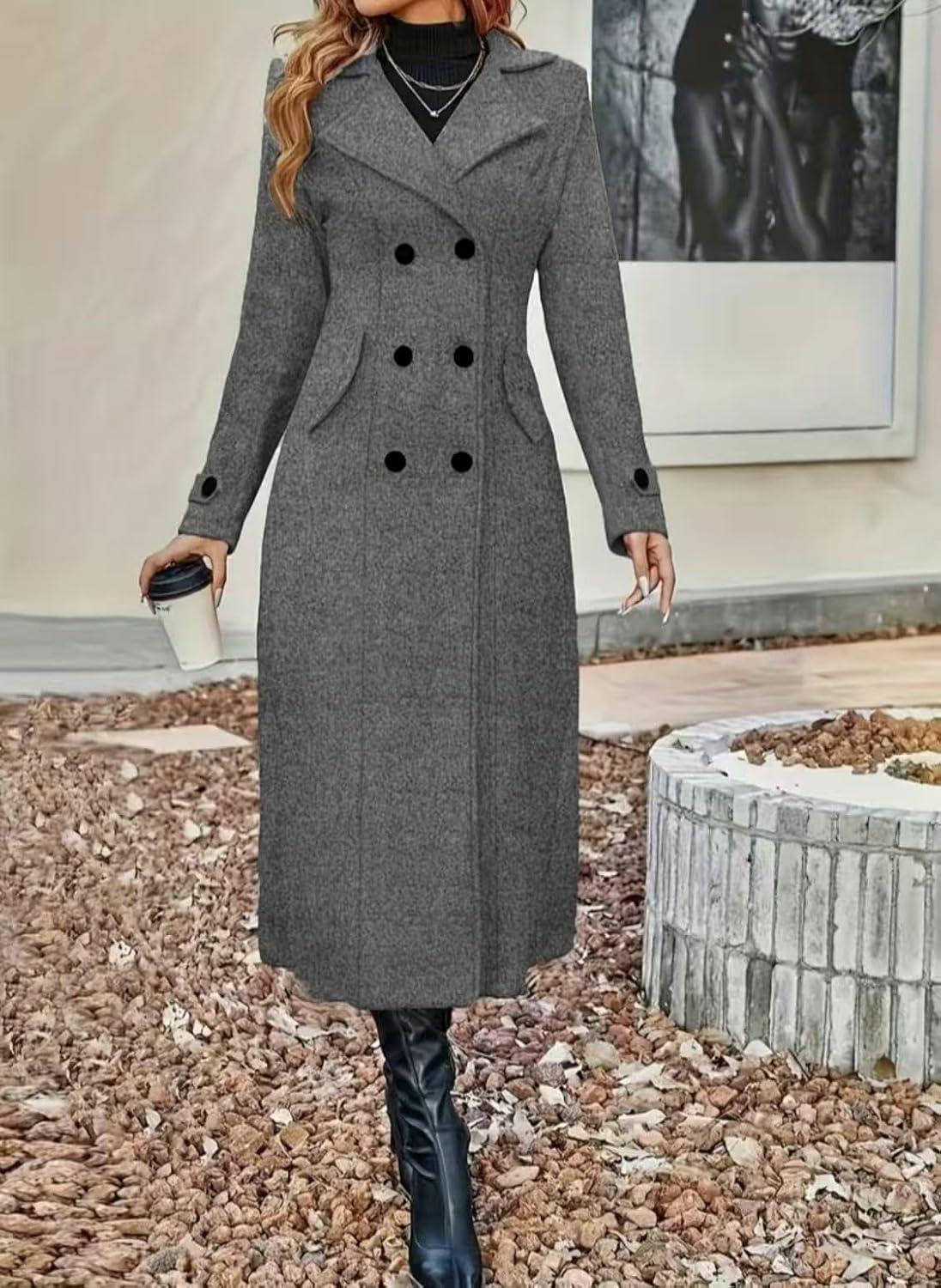 imagechouyatou Womens Winter Double Breasted Wool Coat Business Casual Long Sleeve Midi Long Winter Pea CoatGrey