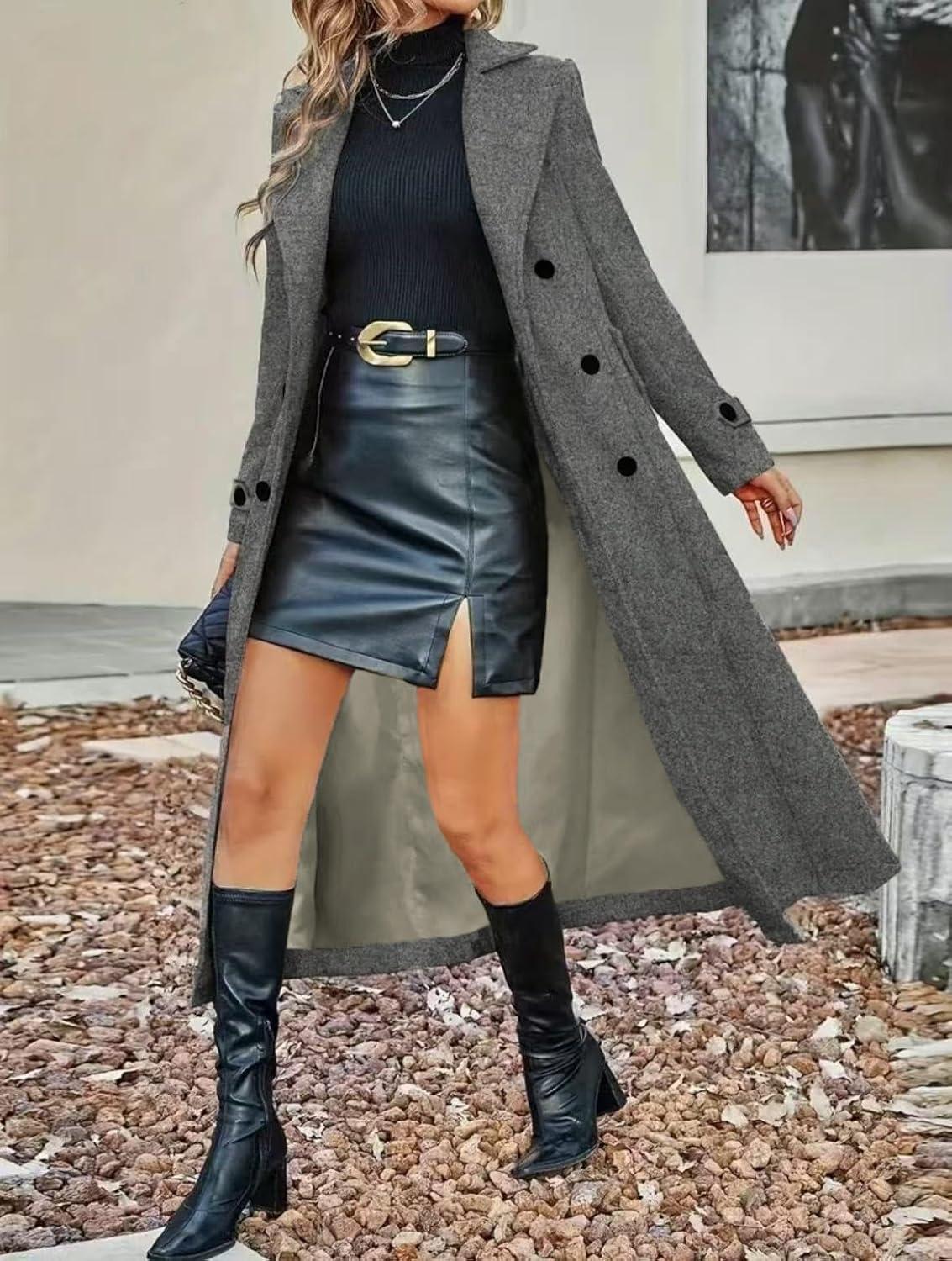 imagechouyatou Womens Winter Double Breasted Wool Coat Business Casual Long Sleeve Midi Long Winter Pea CoatGrey