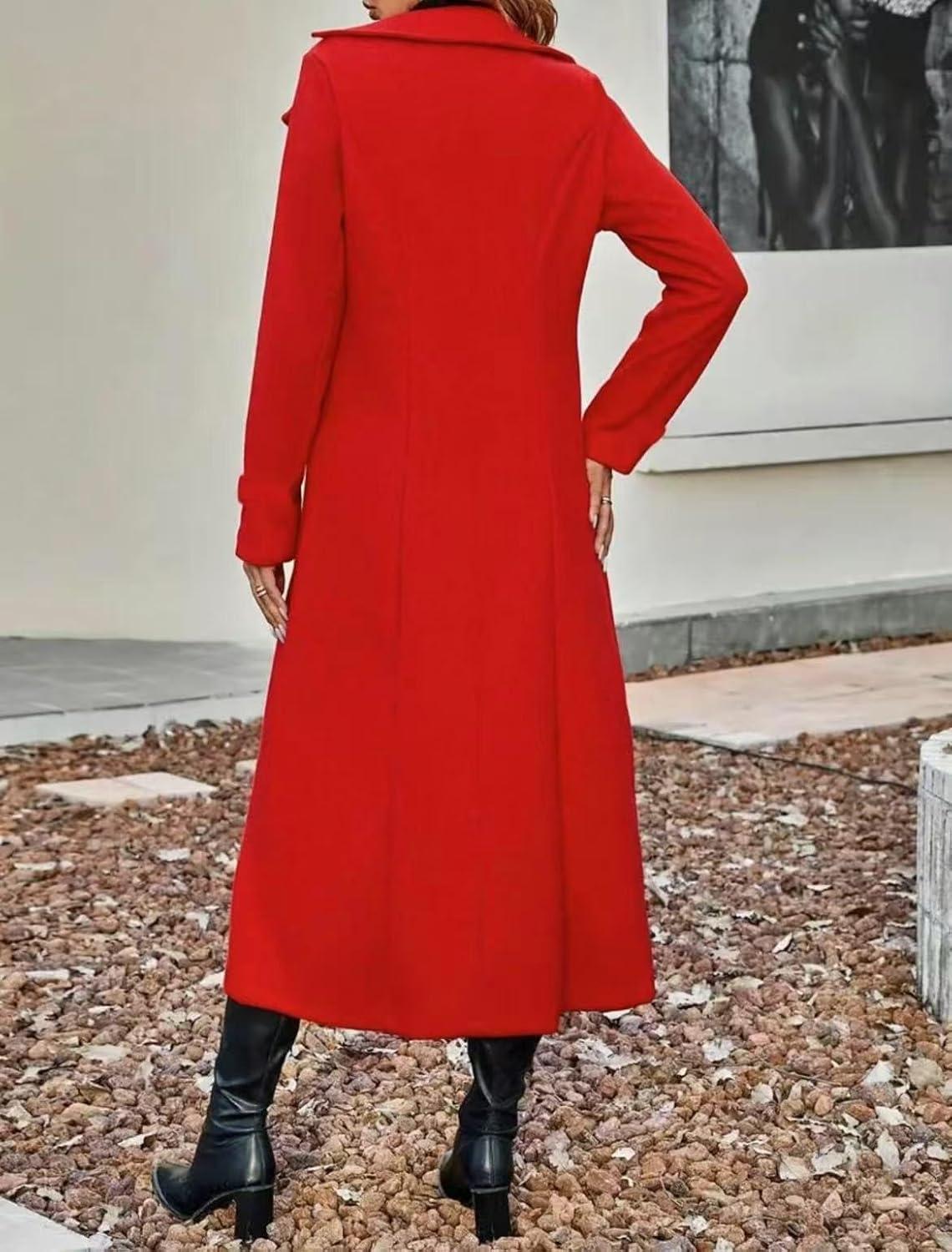 imagechouyatou Womens Winter Double Breasted Wool Coat Business Casual Long Sleeve Midi Long Winter Pea CoatRed