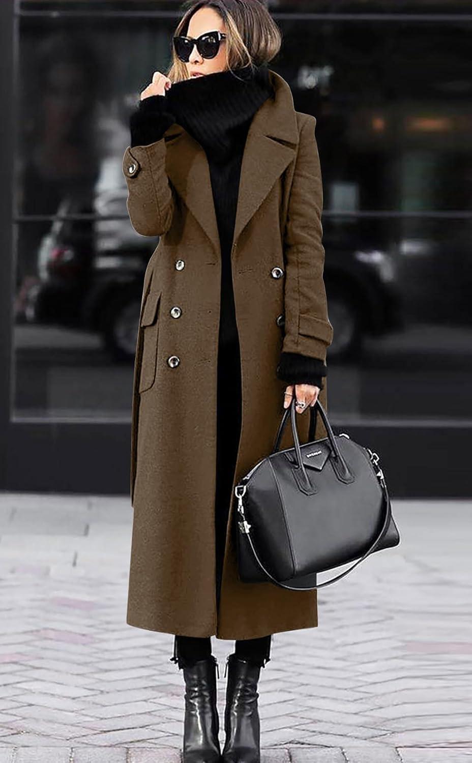 imagechouyatou Womens Winter Double Breasted Wool Coat Business Casual Long Winter Pea Coat with BeltBrown