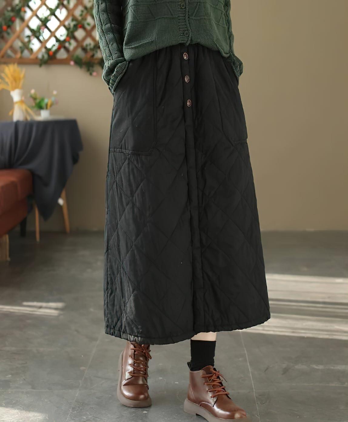 imagechouyatou Womens Winter Elastic Waist Padded ALine Quilted Midi Long Puffer Insulated Skirt with PocketBlack