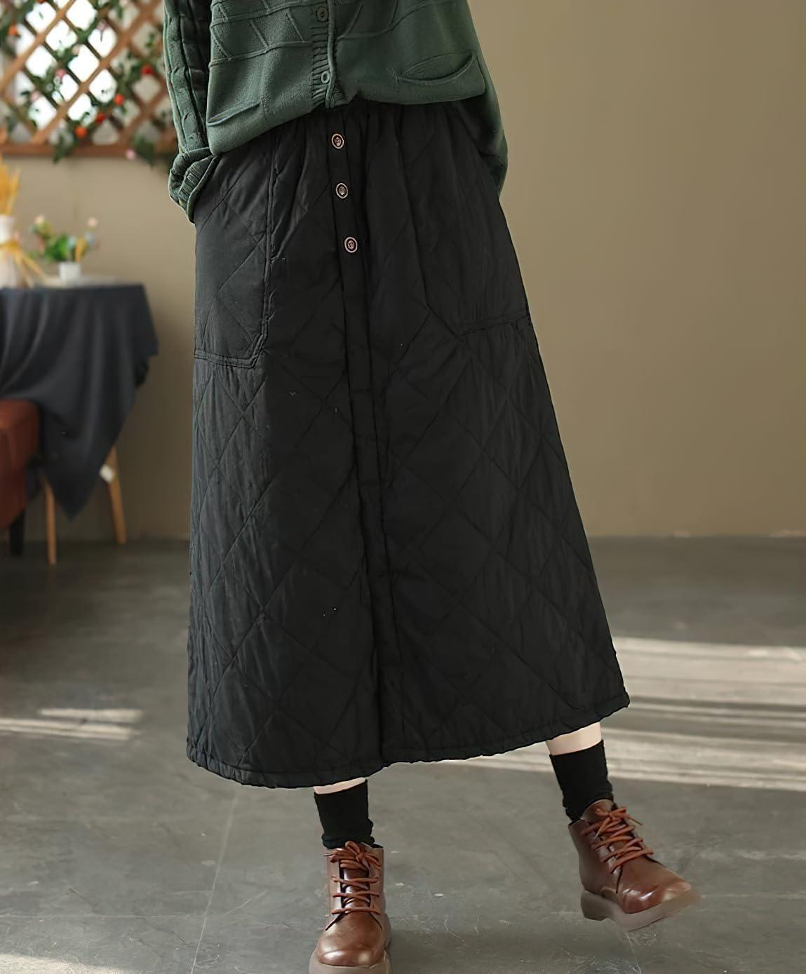imagechouyatou Womens Winter Elastic Waist Padded ALine Quilted Midi Long Puffer Insulated Skirt with PocketBlack