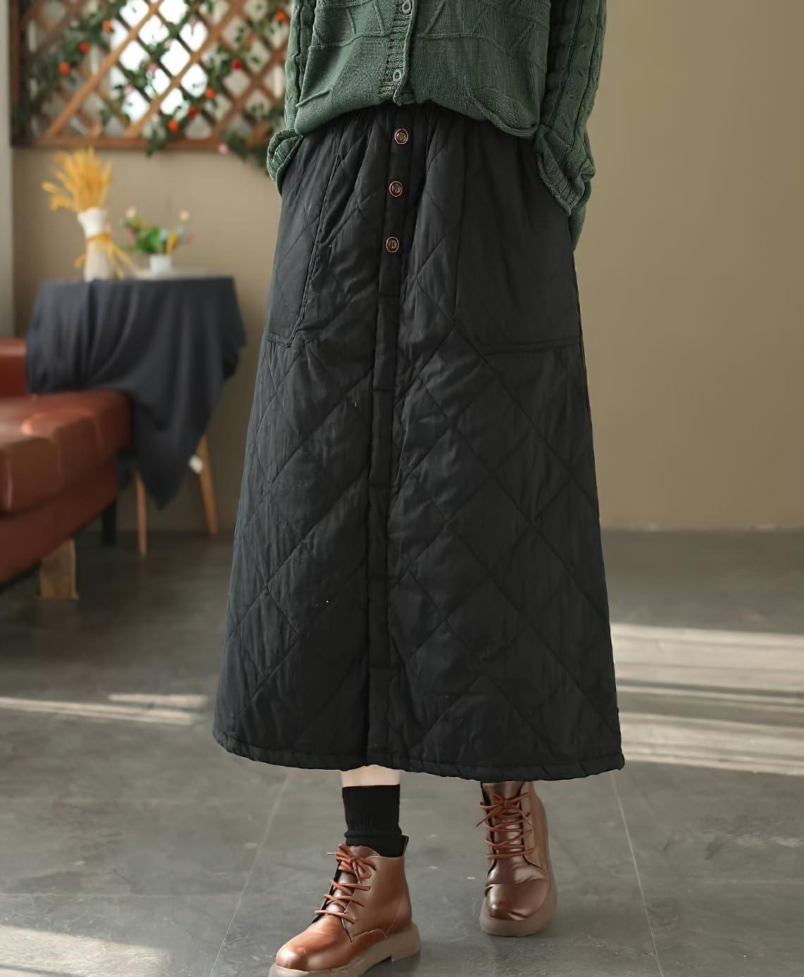 imagechouyatou Womens Winter Elastic Waist Padded ALine Quilted Midi Long Puffer Insulated Skirt with PocketBlack
