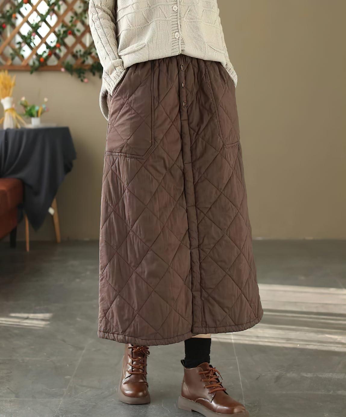 imagechouyatou Womens Winter Elastic Waist Padded ALine Quilted Midi Long Puffer Insulated Skirt with PocketDark Brown