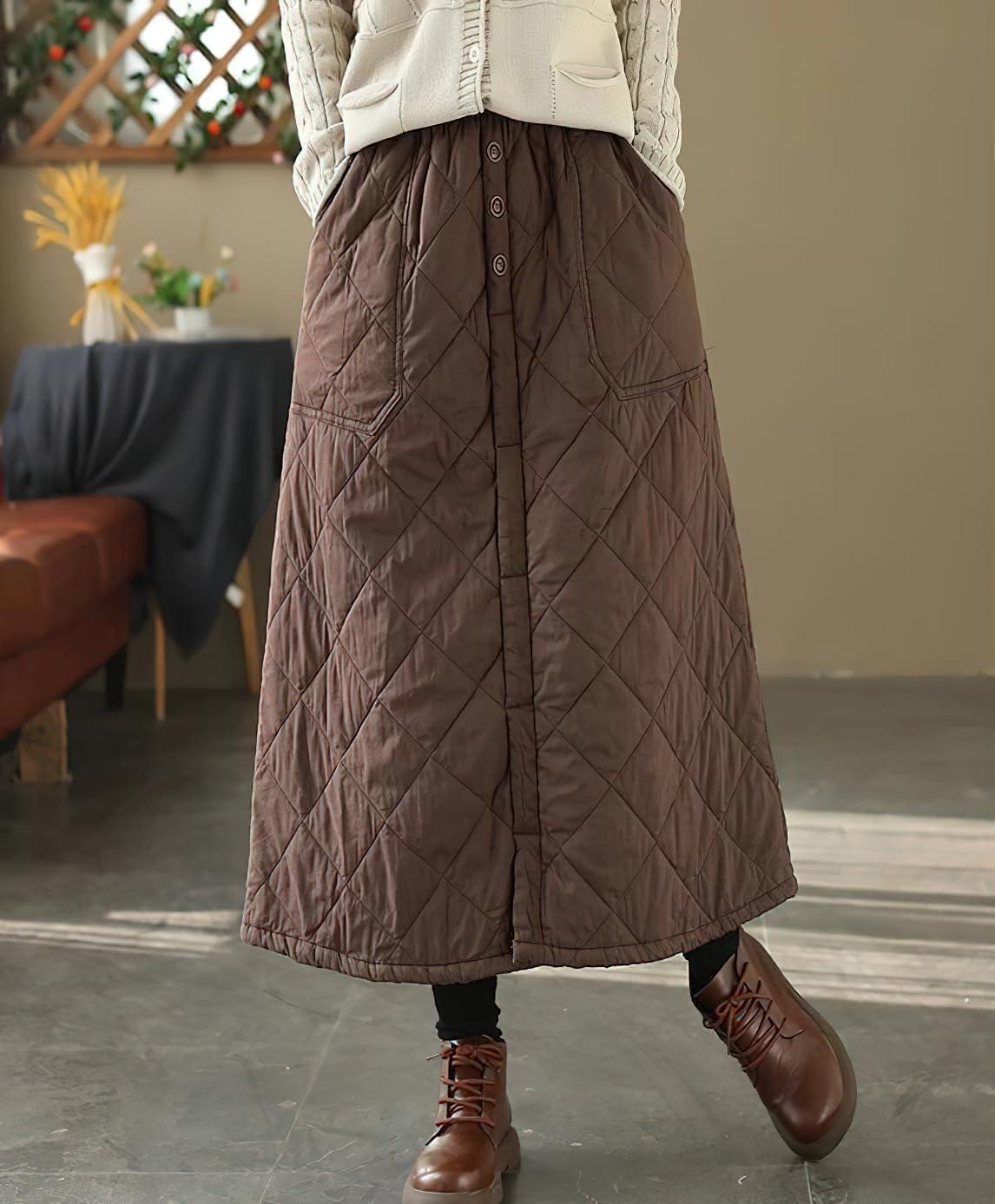 imagechouyatou Womens Winter Elastic Waist Padded ALine Quilted Midi Long Puffer Insulated Skirt with PocketDark Brown