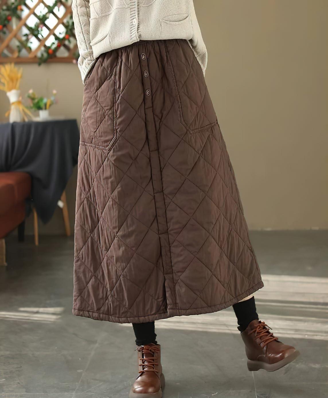 imagechouyatou Womens Winter Elastic Waist Padded ALine Quilted Midi Long Puffer Insulated Skirt with PocketDark Brown