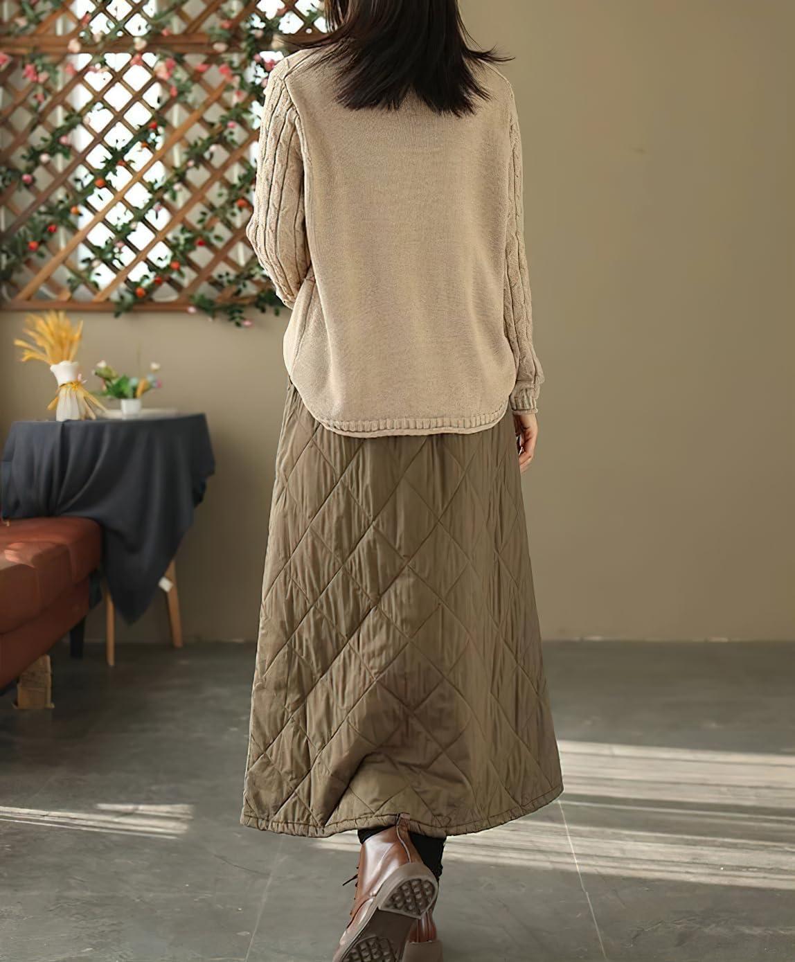 imagechouyatou Womens Winter Elastic Waist Padded ALine Quilted Midi Long Puffer Insulated Skirt with PocketLight Brown