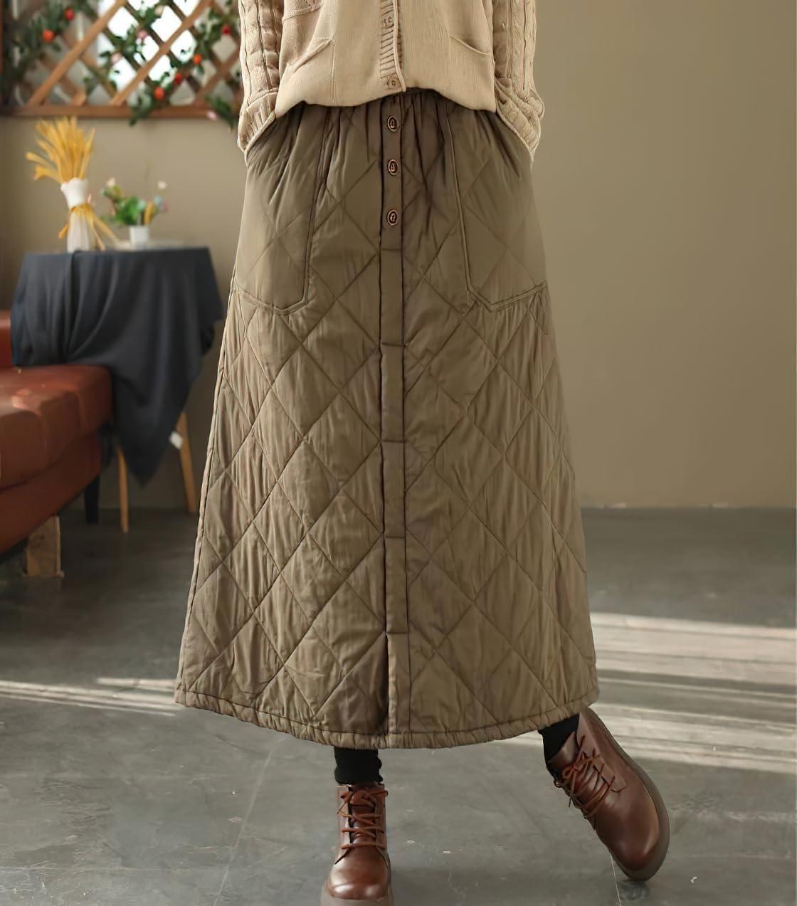 imagechouyatou Womens Winter Elastic Waist Padded ALine Quilted Midi Long Puffer Insulated Skirt with PocketLight Brown