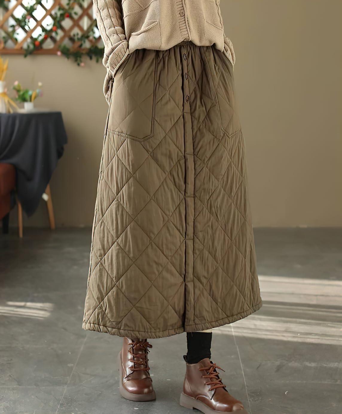 imagechouyatou Womens Winter Elastic Waist Padded ALine Quilted Midi Long Puffer Insulated Skirt with PocketLight Brown