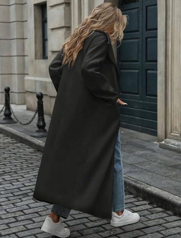imagechouyatou Womens Winter Elegant Shawl Collar Wool Coat Open Front Business Casual Long Pea Coat OvercoatBlack