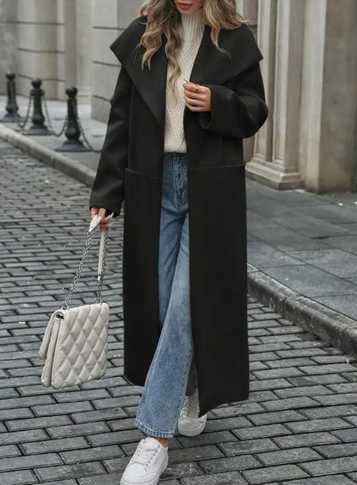 imagechouyatou Womens Winter Elegant Shawl Collar Wool Coat Open Front Business Casual Long Pea Coat OvercoatBlack
