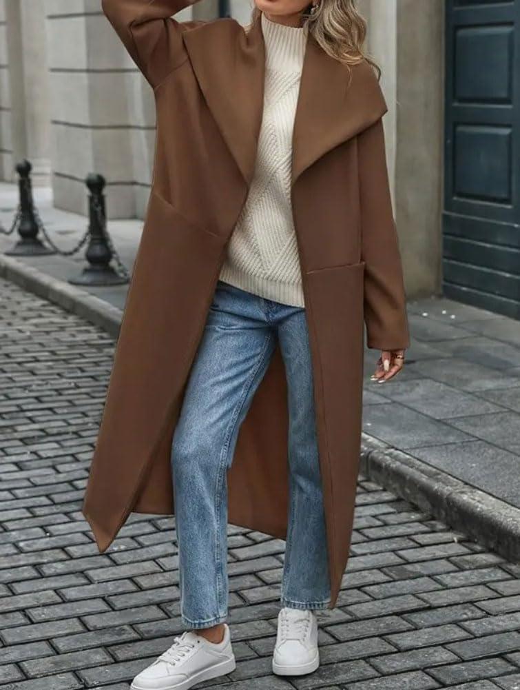 imagechouyatou Womens Winter Elegant Shawl Collar Wool Coat Open Front Business Casual Long Pea Coat OvercoatCoffee
