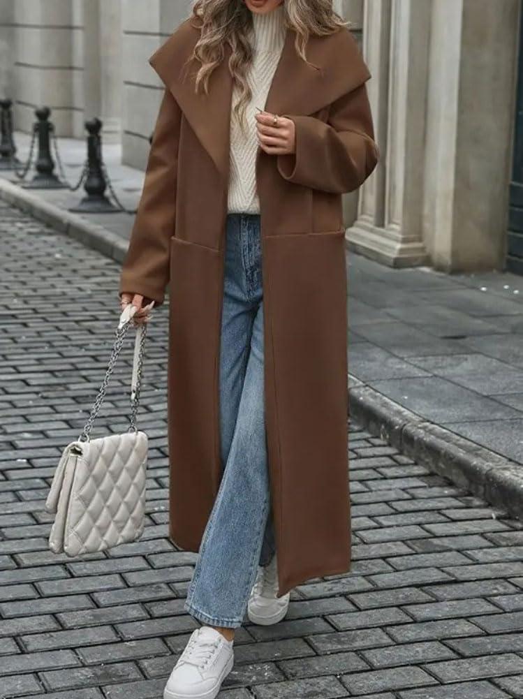 imagechouyatou Womens Winter Elegant Shawl Collar Wool Coat Open Front Business Casual Long Pea Coat OvercoatCoffee