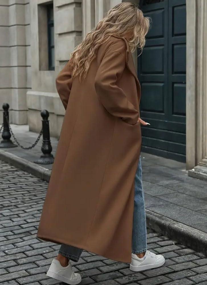 imagechouyatou Womens Winter Elegant Shawl Collar Wool Coat Open Front Business Casual Long Pea Coat OvercoatCoffee