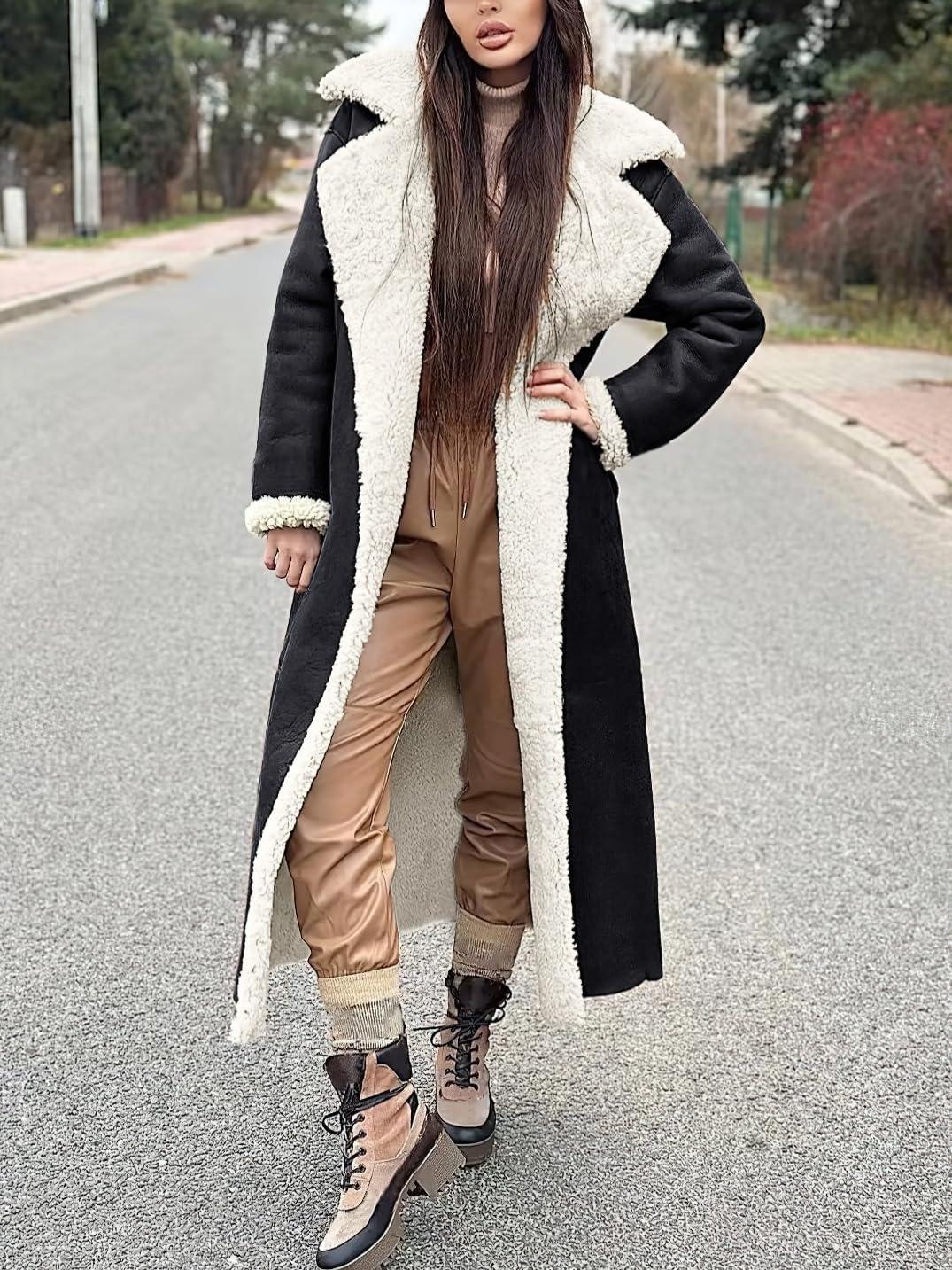 imagechouyatou Womens Winter Faux Suede Leather Long Trench Coat Notch Lapel Sherpa Lined Fleece OvercoatBlack