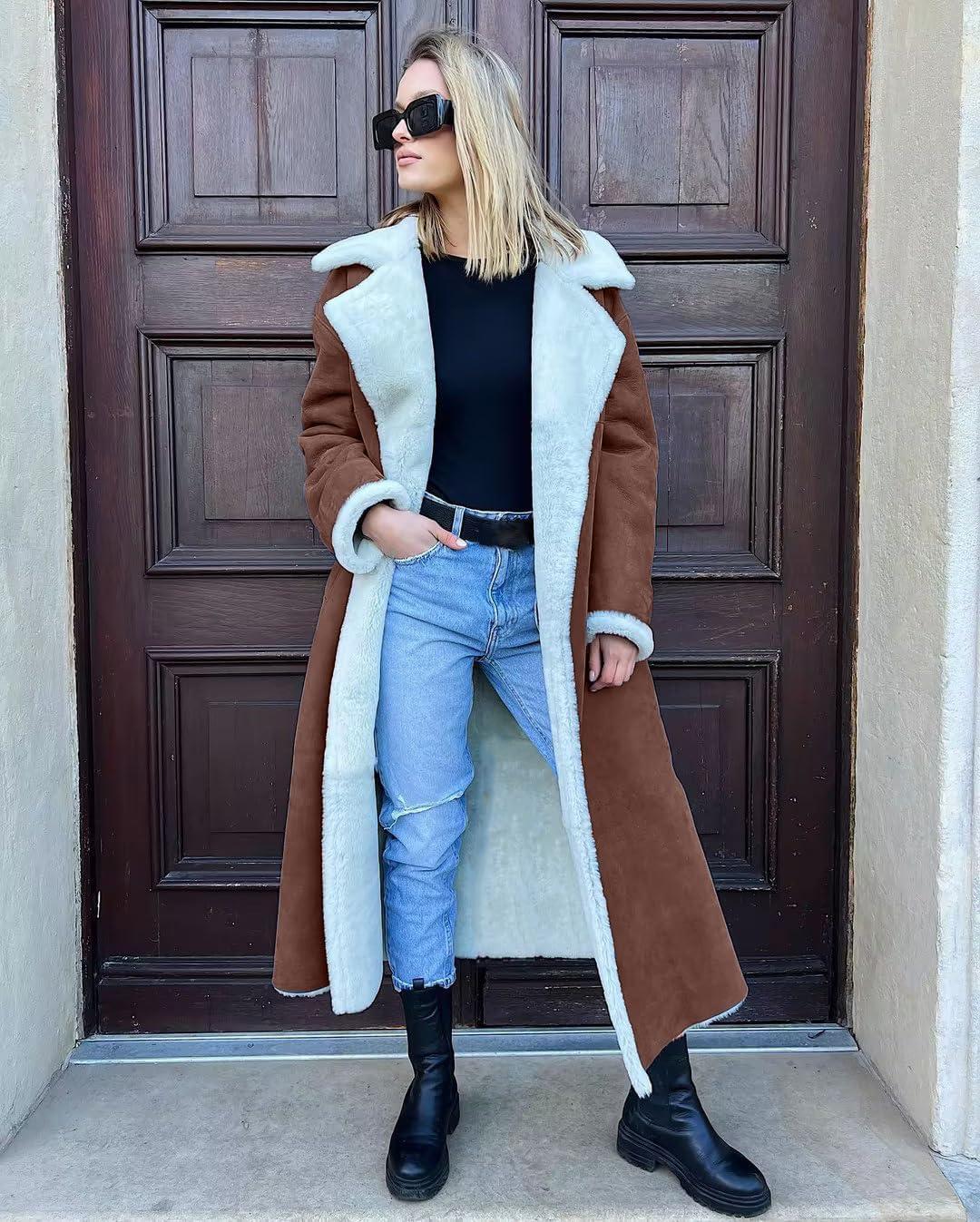 imagechouyatou Womens Winter Faux Suede Leather Long Trench Coat Notch Lapel Sherpa Lined Fleece OvercoatDark Brown