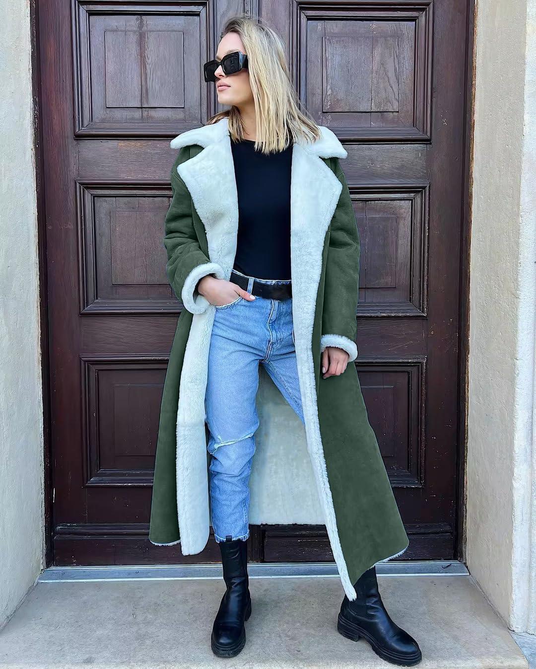 imagechouyatou Womens Winter Faux Suede Leather Long Trench Coat Notch Lapel Sherpa Lined Fleece OvercoatDark Green