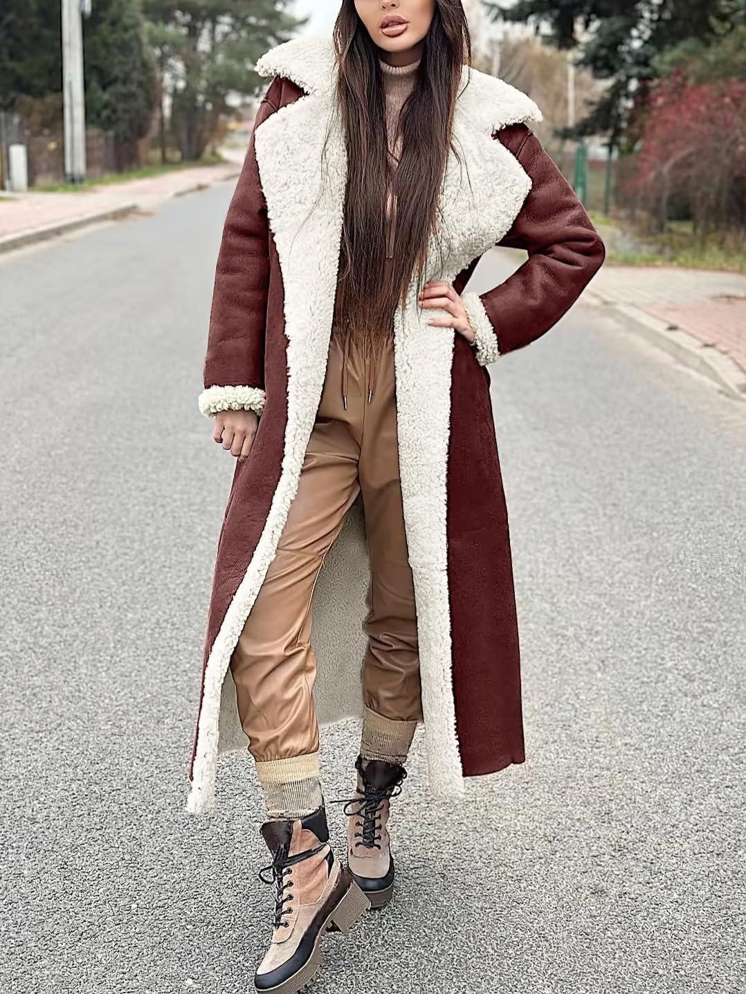 imagechouyatou Womens Winter Faux Suede Leather Long Trench Coat Notch Lapel Sherpa Lined Fleece OvercoatDark Red