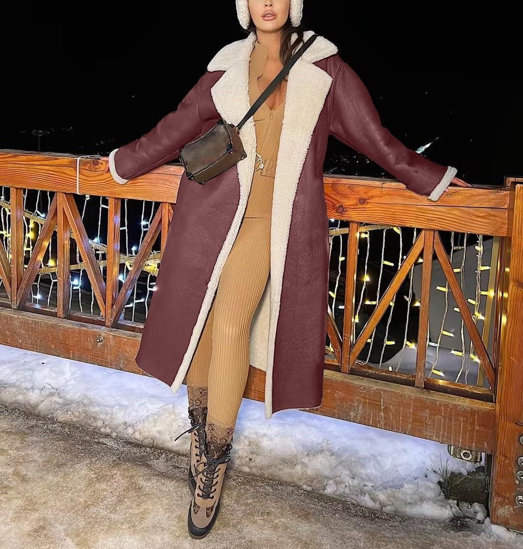 imagechouyatou Womens Winter Faux Suede Leather Long Trench Coat Notch Lapel Sherpa Lined Fleece OvercoatDark Red