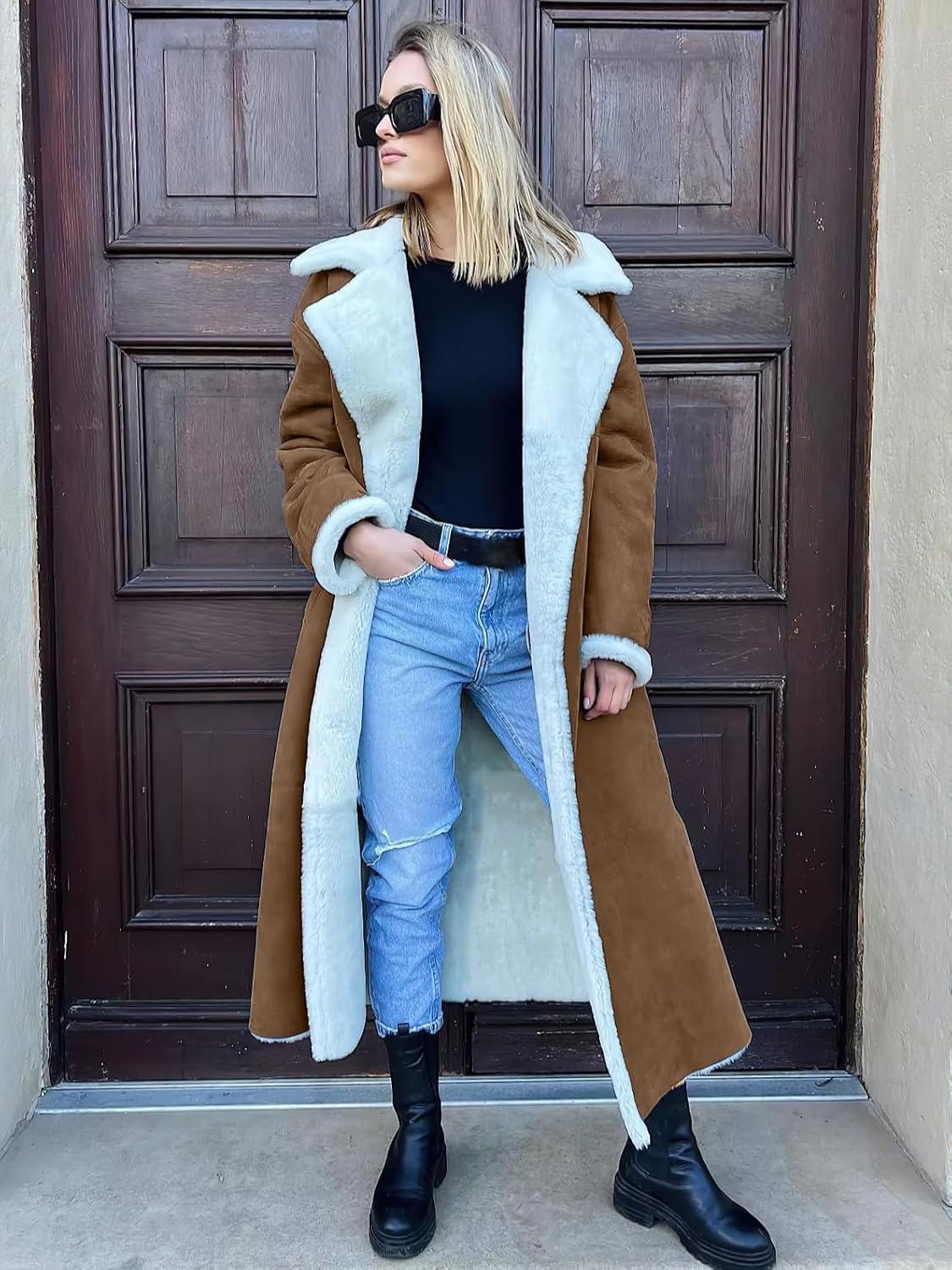 imagechouyatou Womens Winter Faux Suede Leather Long Trench Coat Notch Lapel Sherpa Lined Fleece OvercoatLight Brown