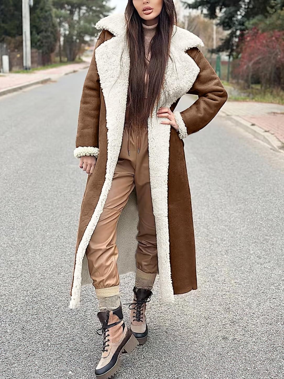 imagechouyatou Womens Winter Faux Suede Leather Long Trench Coat Notch Lapel Sherpa Lined Fleece OvercoatLight Brown