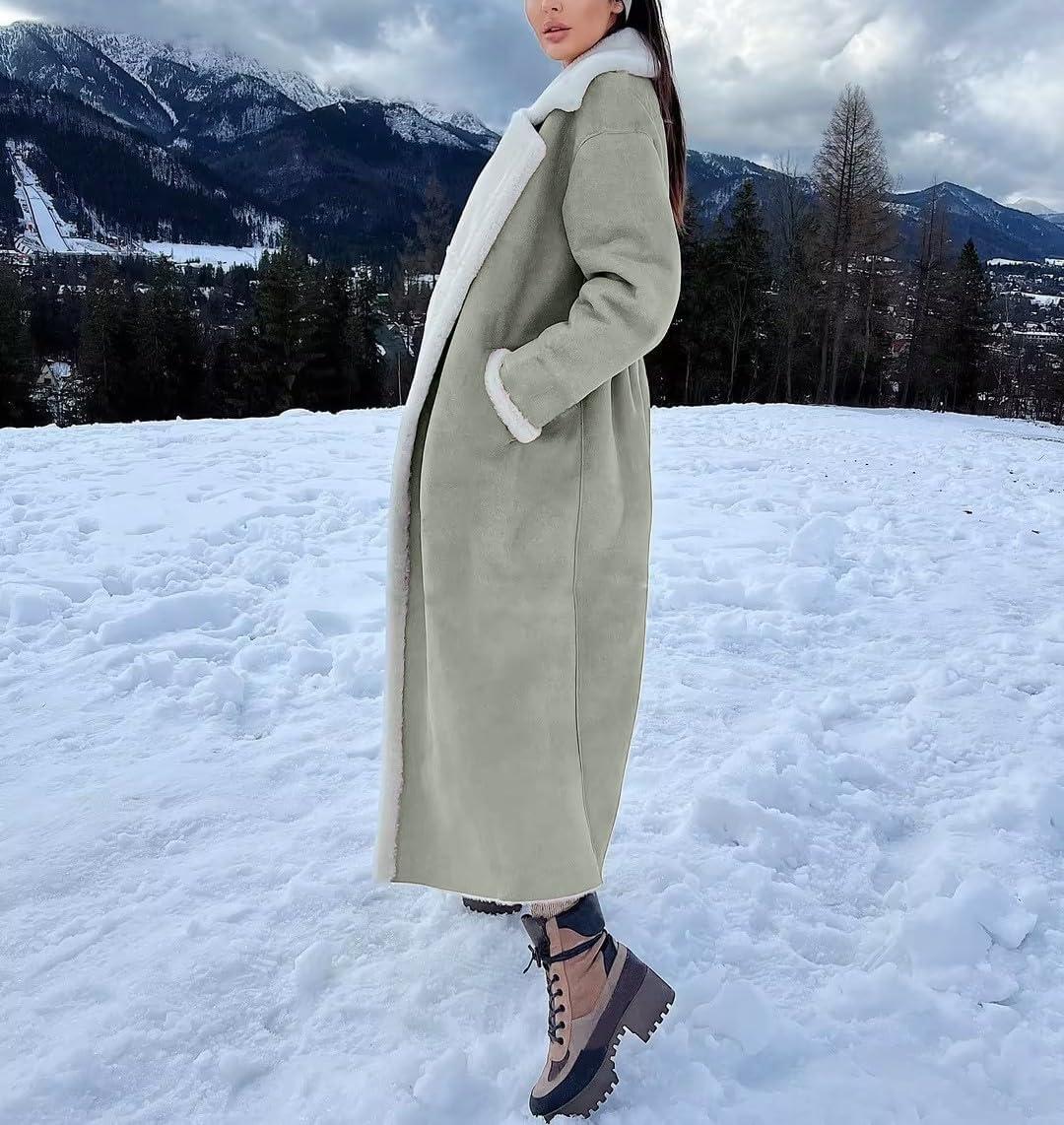 imagechouyatou Womens Winter Faux Suede Leather Long Trench Coat Notch Lapel Sherpa Lined Fleece OvercoatLight Green