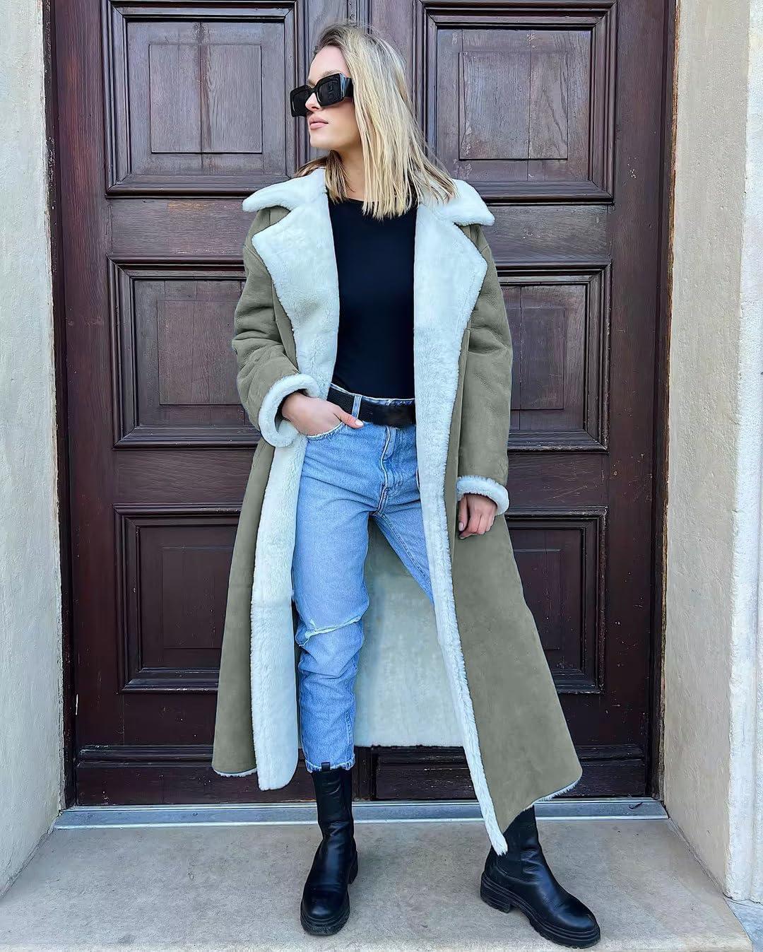 imagechouyatou Womens Winter Faux Suede Leather Long Trench Coat Notch Lapel Sherpa Lined Fleece OvercoatLight Green