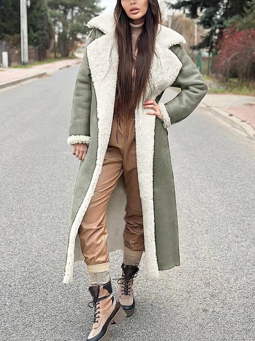 imagechouyatou Womens Winter Faux Suede Leather Long Trench Coat Notch Lapel Sherpa Lined Fleece OvercoatLight Green