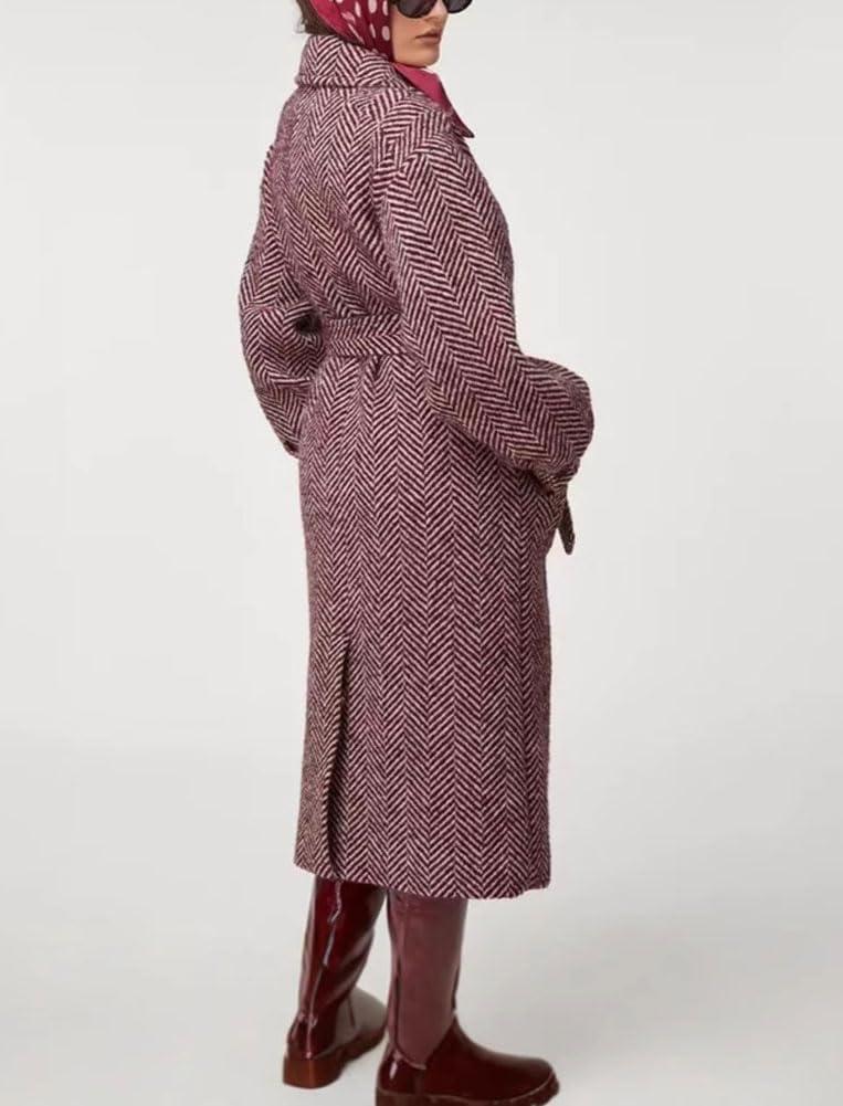 imagechouyatou Womens Winter Herringbone Single Breasted Wool Coat Long Lantern Sleeve Belted Midi Long Trench CoatPurple