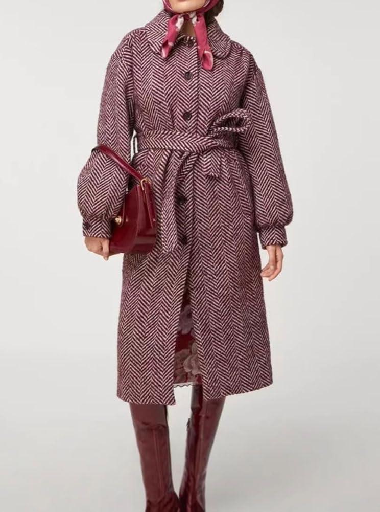 imagechouyatou Womens Winter Herringbone Single Breasted Wool Coat Long Lantern Sleeve Belted Midi Long Trench CoatPurple