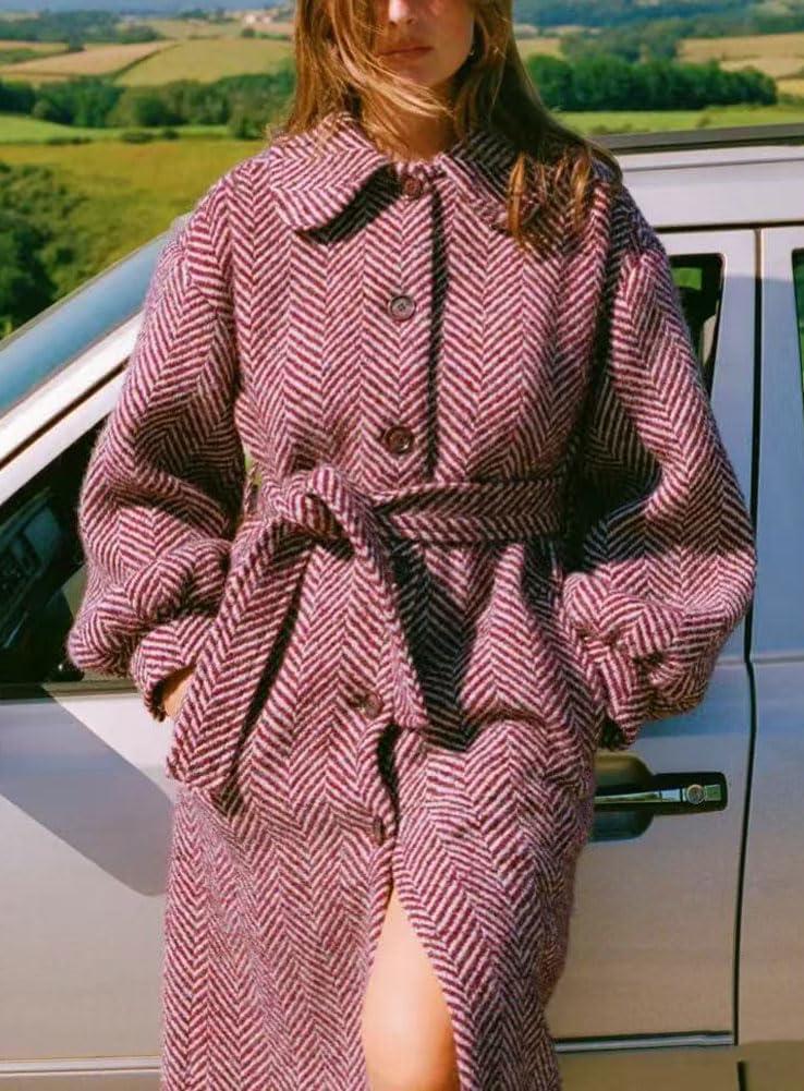 imagechouyatou Womens Winter Herringbone Single Breasted Wool Coat Long Lantern Sleeve Belted Midi Long Trench CoatPurple