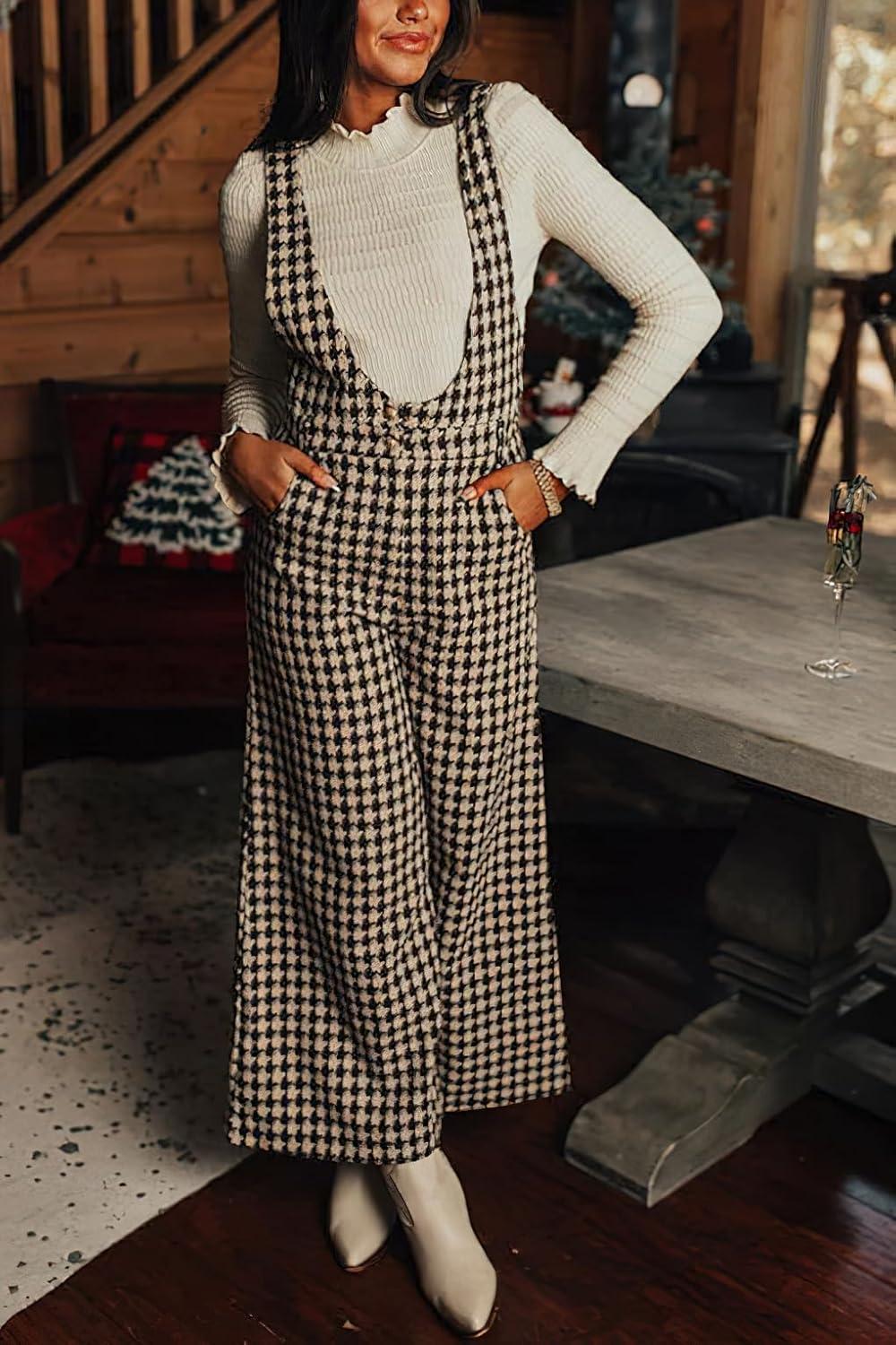 imagechouyatou Womens Winter Houndstooth Tweed Overall Pants Wide Leg Sleeveless Bib Jumpsuits with PocketsBlack