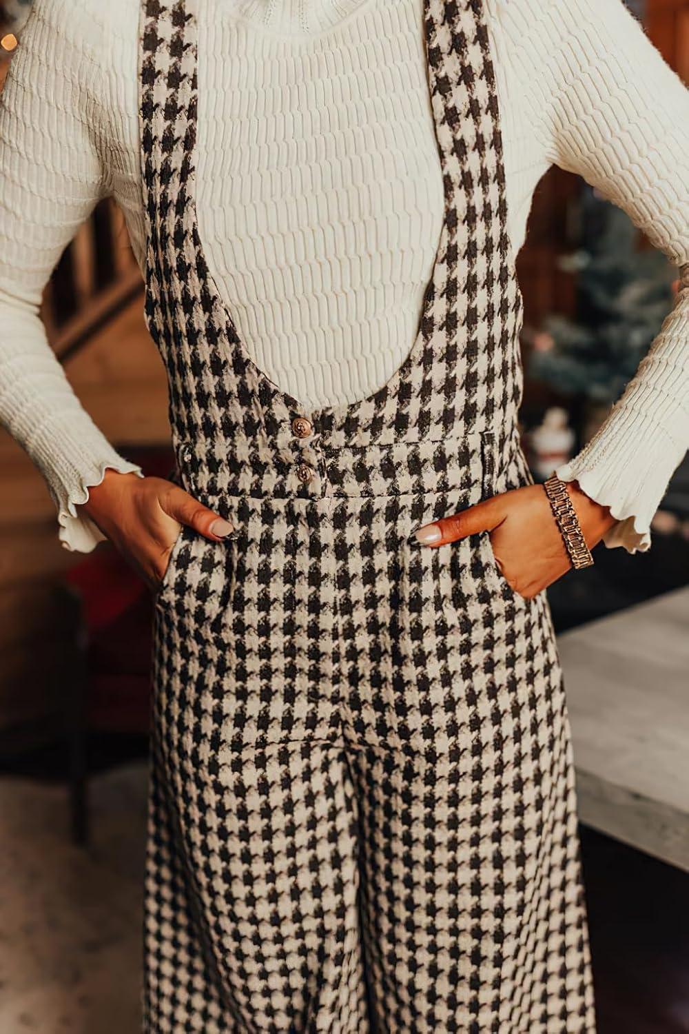 imagechouyatou Womens Winter Houndstooth Tweed Overall Pants Wide Leg Sleeveless Bib Jumpsuits with PocketsBlack