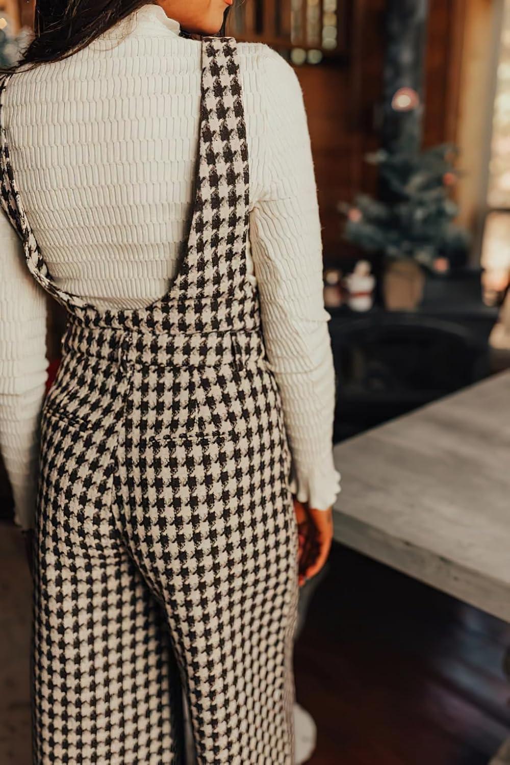 imagechouyatou Womens Winter Houndstooth Tweed Overall Pants Wide Leg Sleeveless Bib Jumpsuits with PocketsBlack