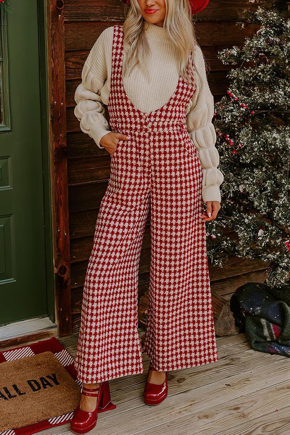 imagechouyatou Womens Winter Houndstooth Tweed Overall Pants Wide Leg Sleeveless Bib Jumpsuits with PocketsRed