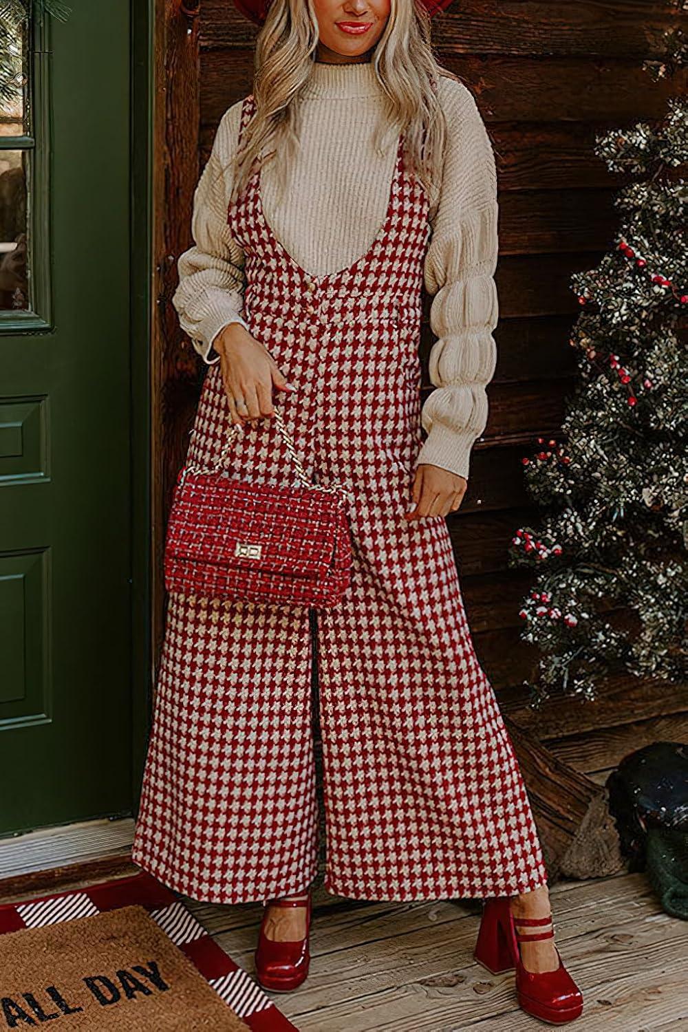 imagechouyatou Womens Winter Houndstooth Tweed Overall Pants Wide Leg Sleeveless Bib Jumpsuits with PocketsRed