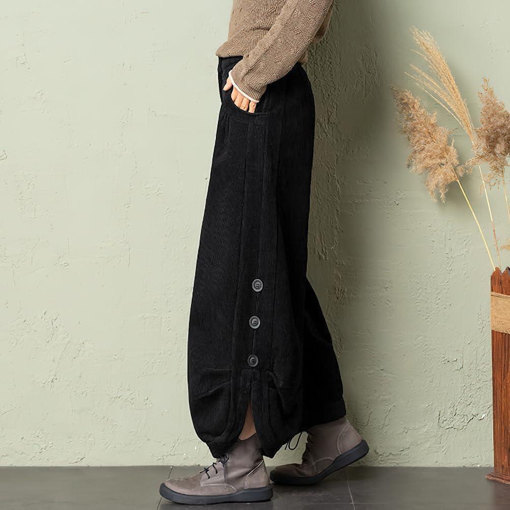 imagechouyatou Womens Winter Loose Baggy Sherpa Lined Corduroy Pants Elastic High Waisted Wide Leg TrouserBlack