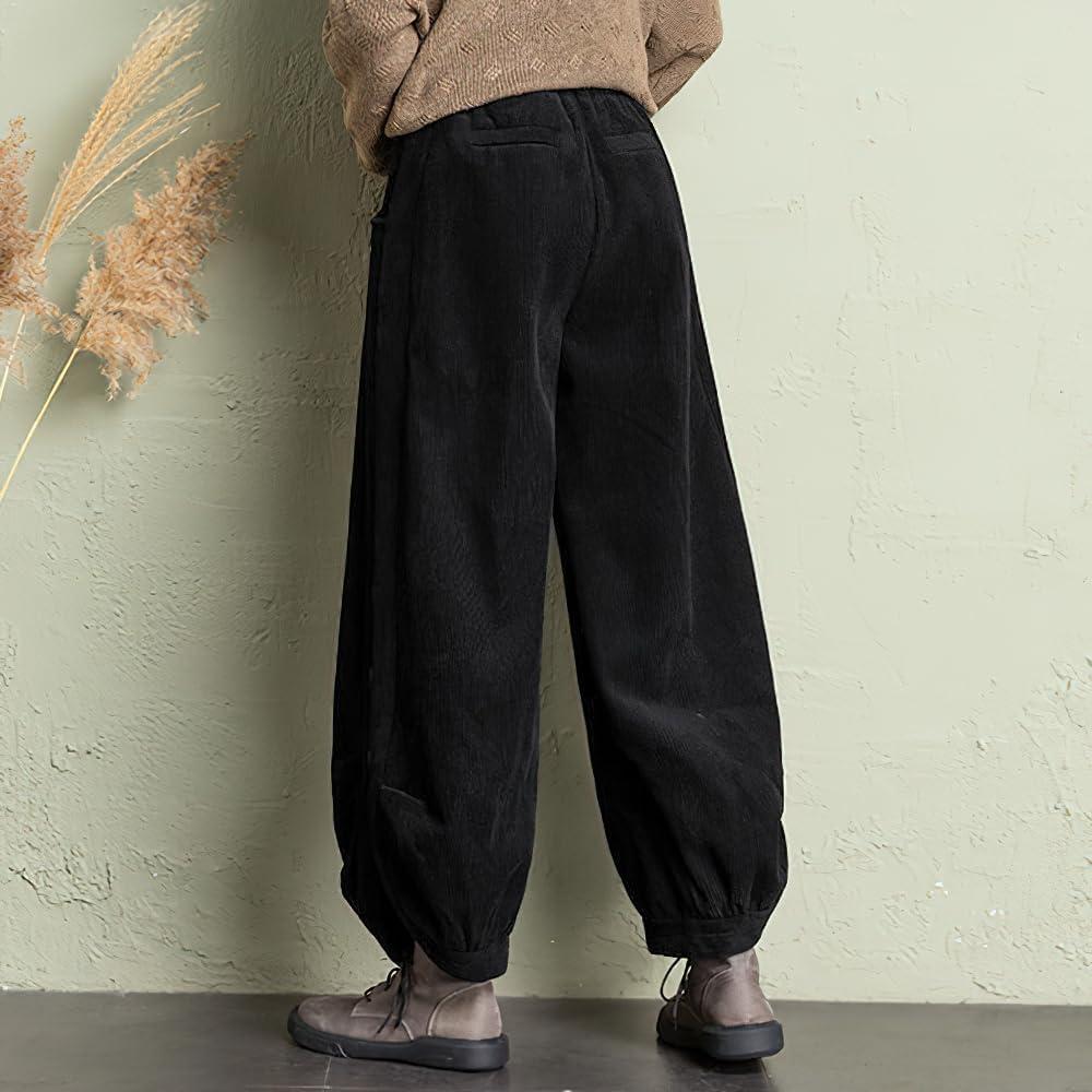 imagechouyatou Womens Winter Loose Baggy Sherpa Lined Corduroy Pants Elastic High Waisted Wide Leg TrouserBlack