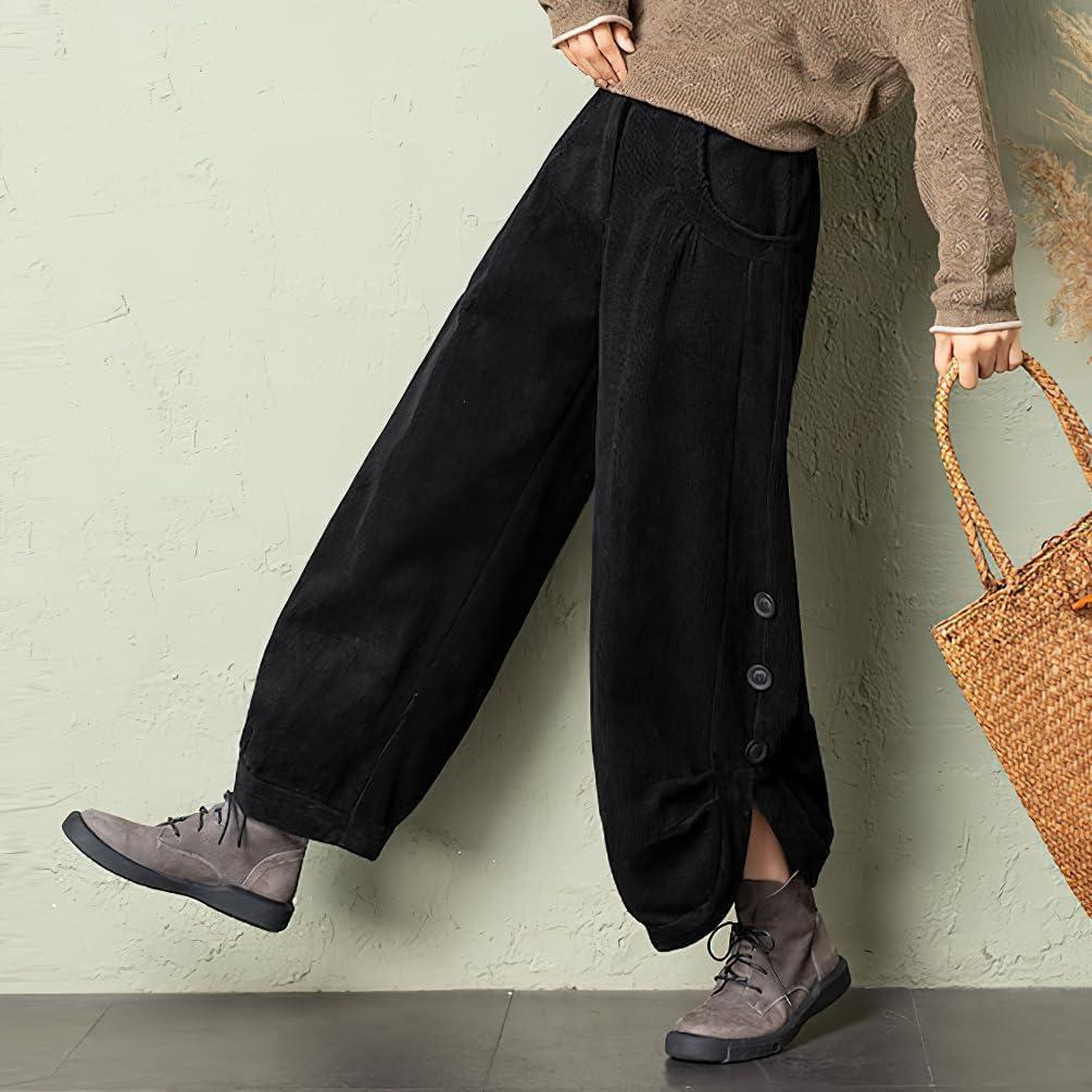 imagechouyatou Womens Winter Loose Baggy Sherpa Lined Corduroy Pants Elastic High Waisted Wide Leg TrouserBlack