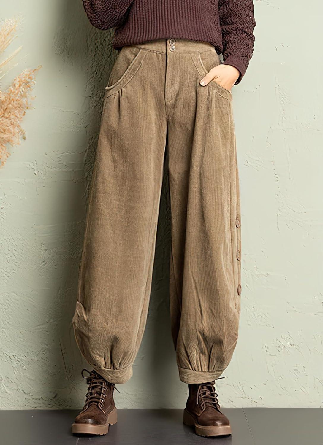 imagechouyatou Womens Winter Loose Baggy Sherpa Lined Corduroy Pants Elastic High Waisted Wide Leg TrouserBrown