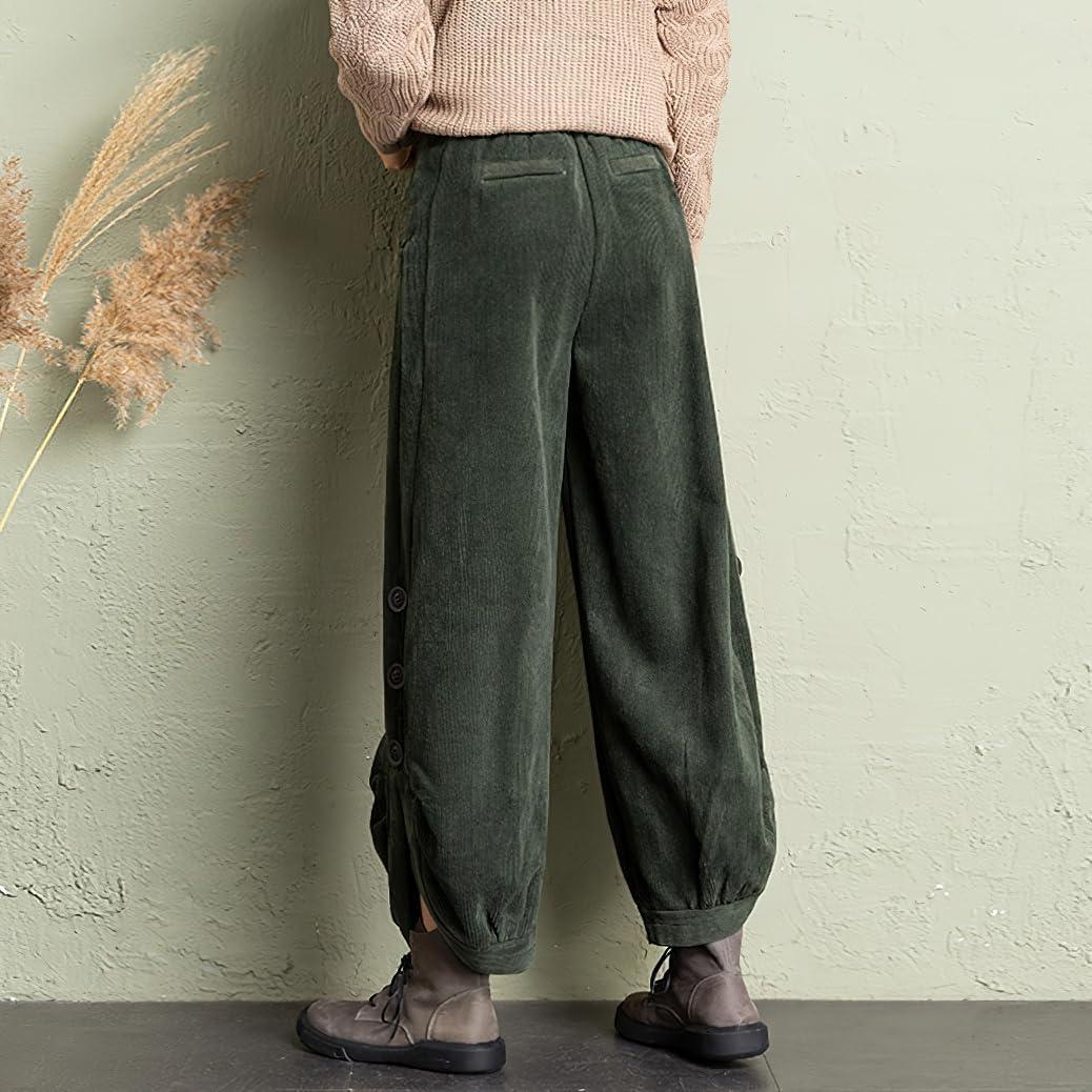 imagechouyatou Womens Winter Loose Baggy Sherpa Lined Corduroy Pants Elastic High Waisted Wide Leg TrouserGreen