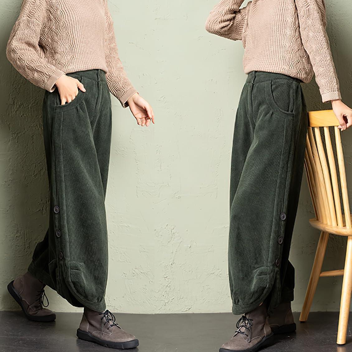 imagechouyatou Womens Winter Loose Baggy Sherpa Lined Corduroy Pants Elastic High Waisted Wide Leg TrouserGreen