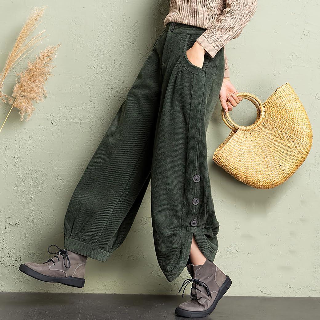 imagechouyatou Womens Winter Loose Baggy Sherpa Lined Corduroy Pants Elastic High Waisted Wide Leg TrouserGreen