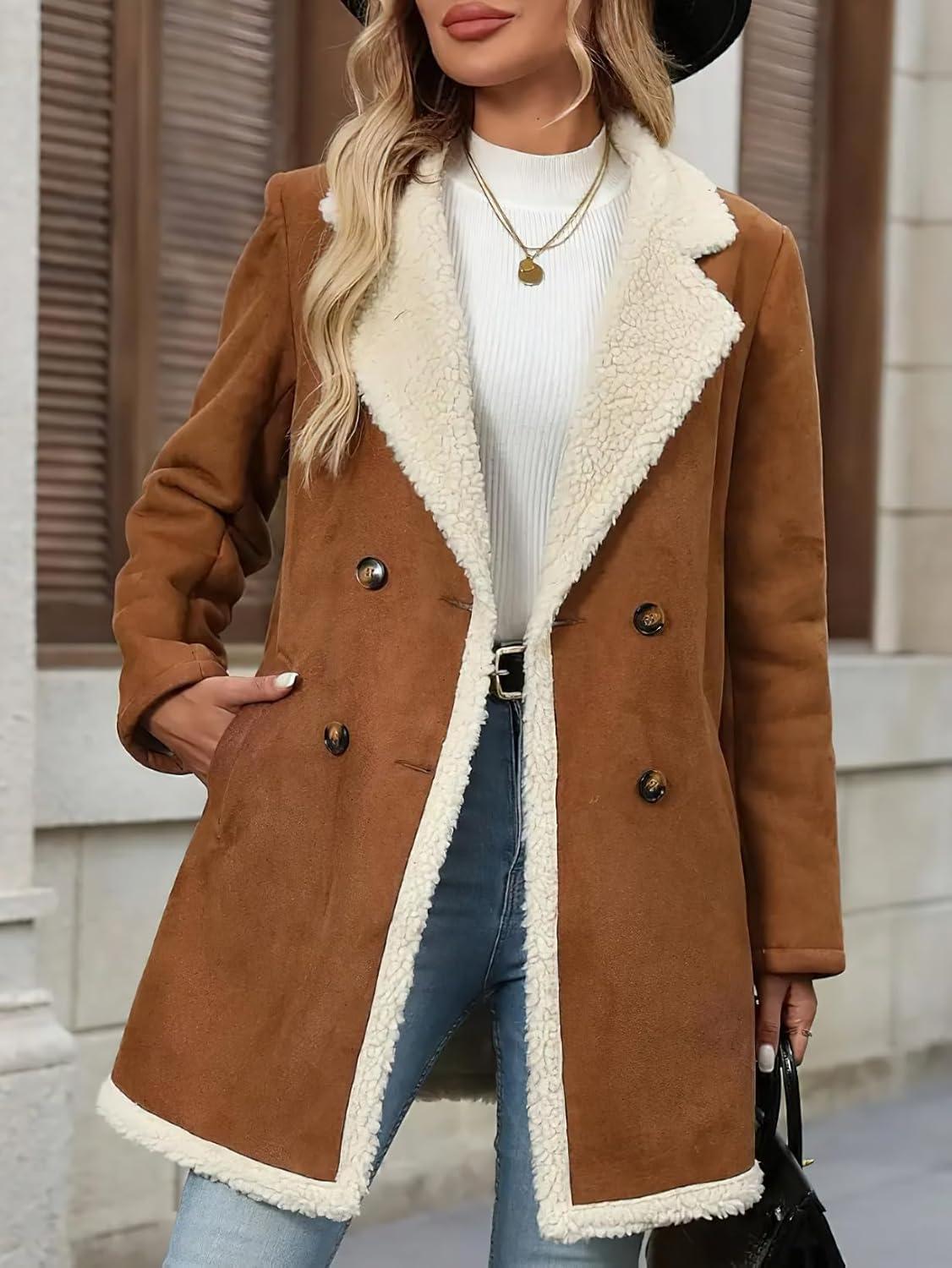 imagechouyatou Womens Winter Notch Lapel Double Breasted Peacoat Sherpa Fleece Lined Faux Suede Jacket CoatBrown