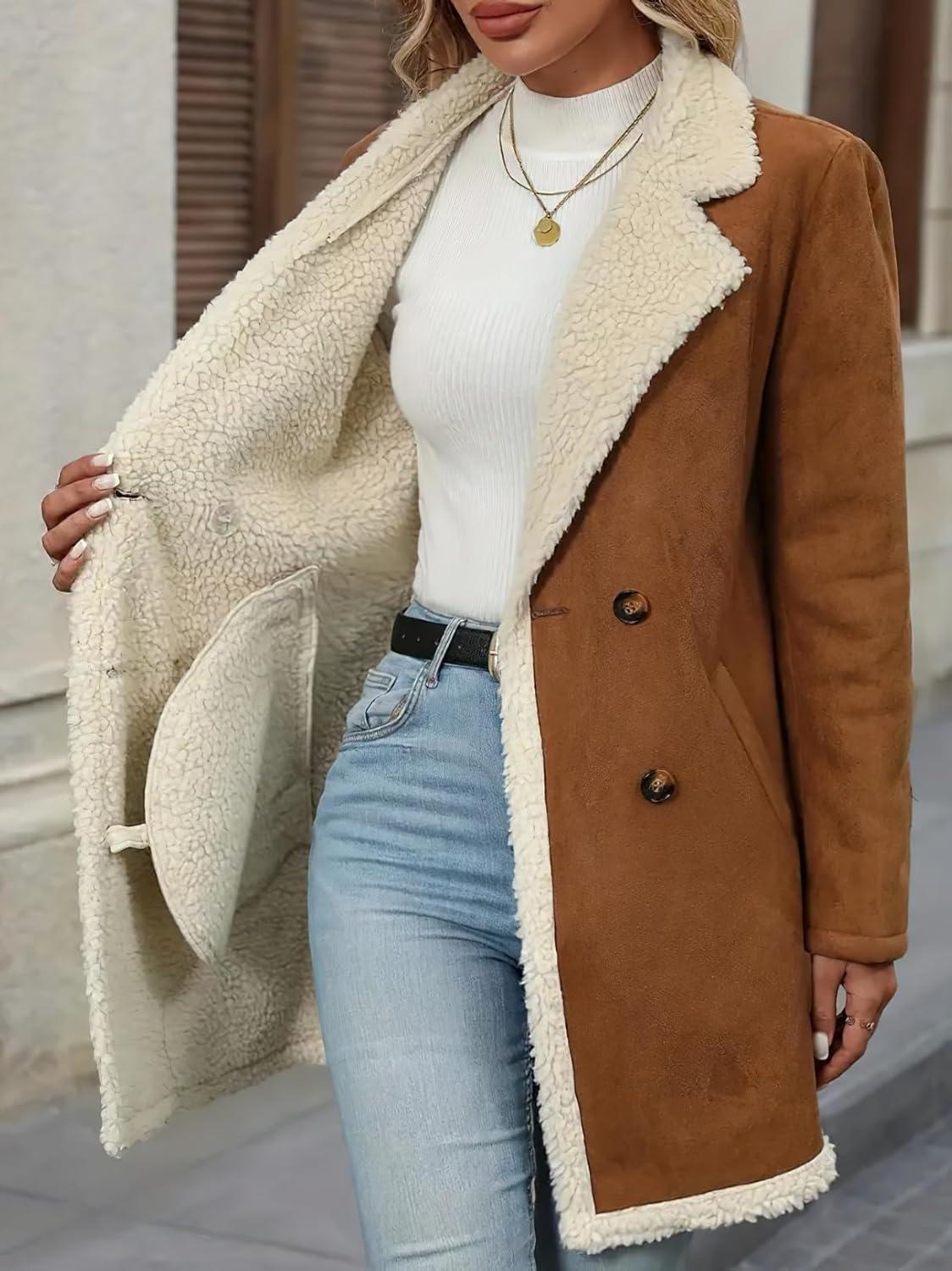 imagechouyatou Womens Winter Notch Lapel Double Breasted Peacoat Sherpa Fleece Lined Faux Suede Jacket CoatBrown