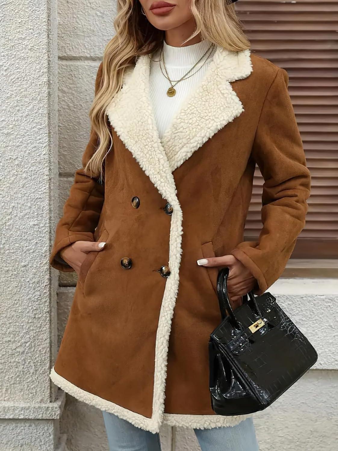 imagechouyatou Womens Winter Notch Lapel Double Breasted Peacoat Sherpa Fleece Lined Faux Suede Jacket CoatBrown