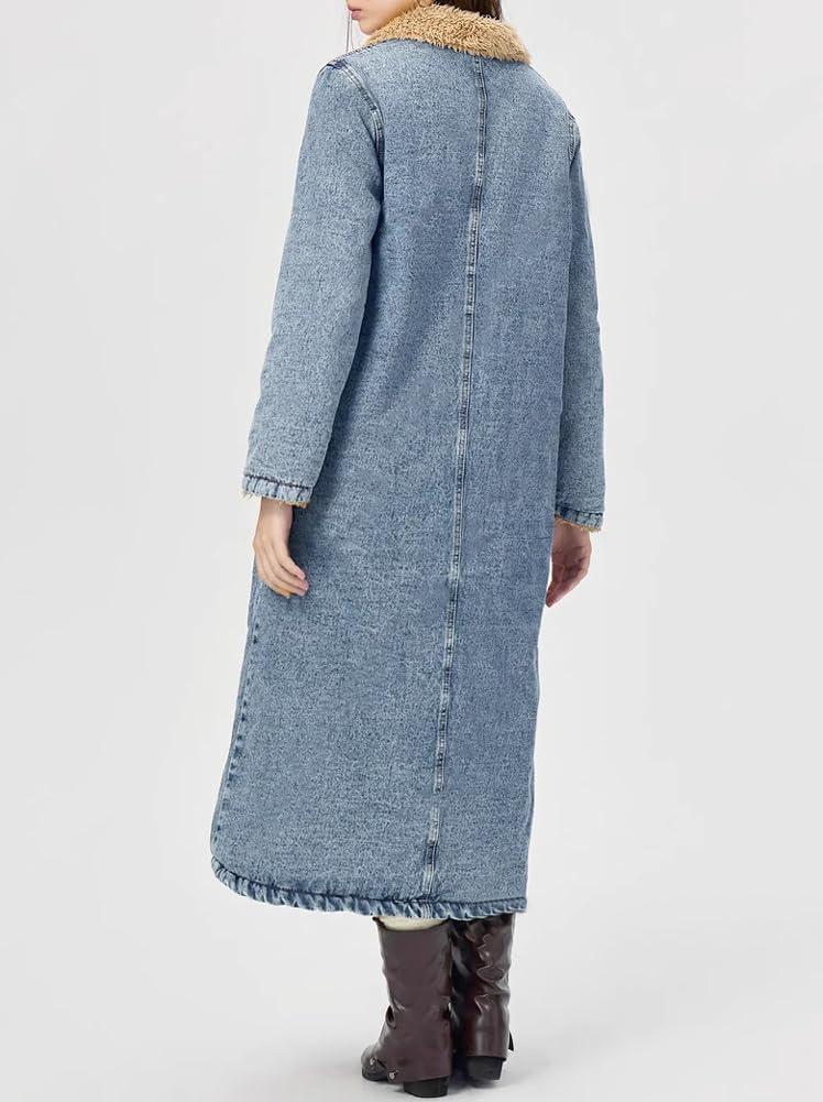 imagechouyatou Womens Winter Sherpa Lined Midi Long Denim Jacket Casual Distressed Button Down Jean Trench CoatBlue